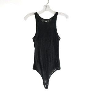 Made Gold black distressed semi sheer knit stripe bodysuit